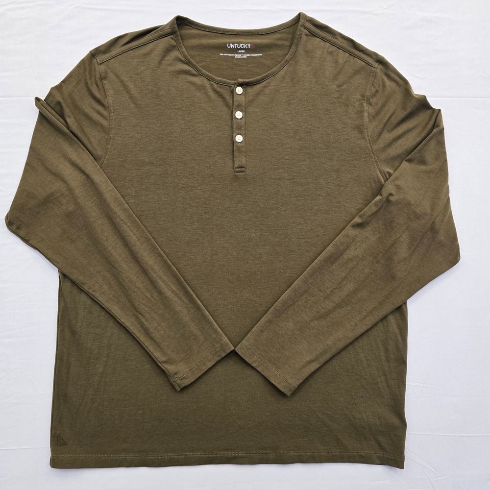UNTUCKit Mens Marastina Henley Shirt Olive Green Long Sleeve Cotton Tencel L